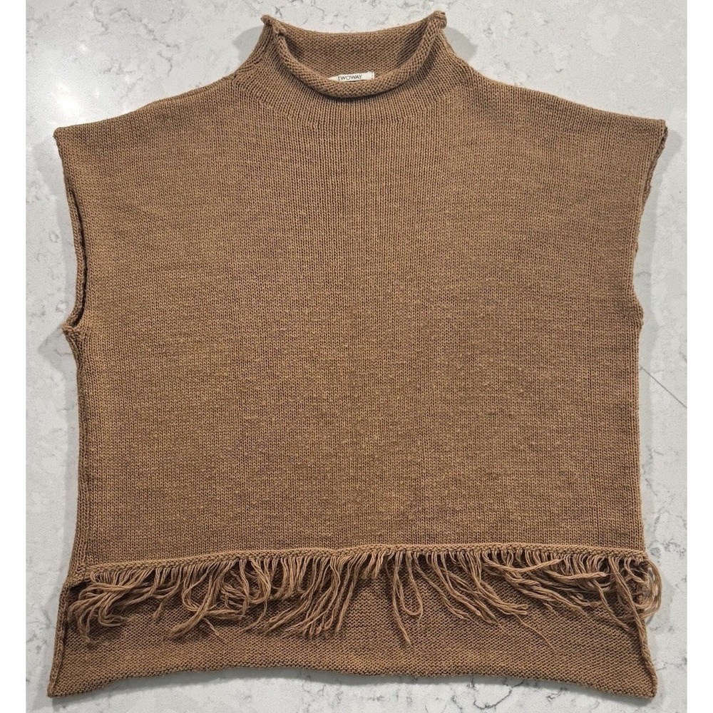 TWO WAY Italy Turtleneck Sweater Vest Womens One Size U Brown Reversible Fringe